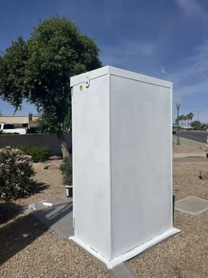 Traffic signal cabinet coated with PolyFrost which keeps it cooler.