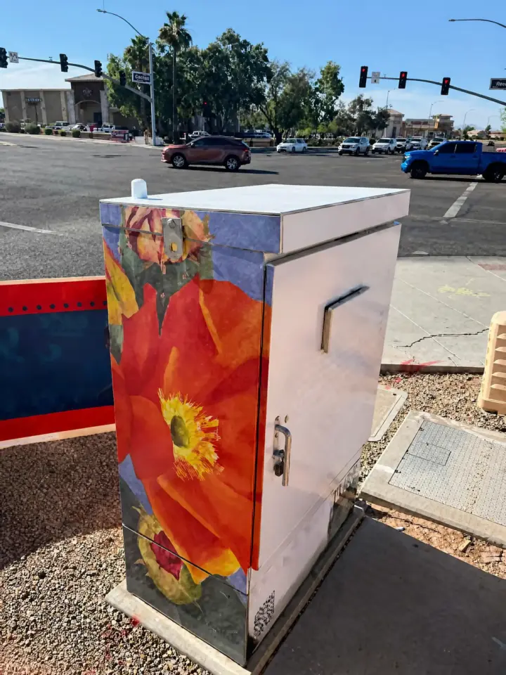 A traffic signal cabinet at an Arizona intersection that is vinyl wrapped with a PolyFrost coated roof.